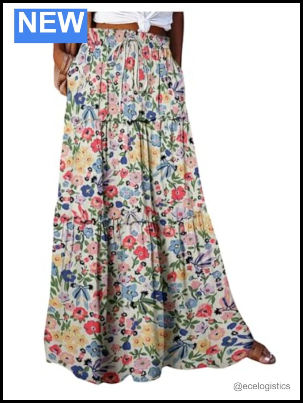 Women's Boho Floral Tiered Maxi Skirt High Waist Long Flowy Pockets